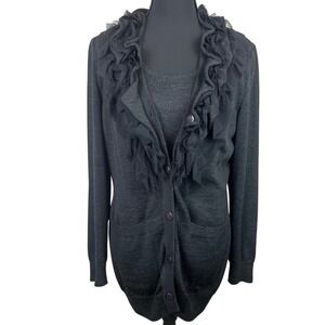 St. John Wool Silk Cashmere Ruffle Cardigan Tank Twin Set Grey Womens Med Large